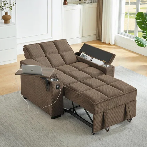 Sofá cama convertible 3 en 1, sofá extraíble con puertos USB, portavasos y reposabrazos de almacenamiento, silla de dormir con mesa auxiliar