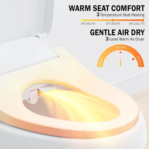 Miniatura 4 de Clirass Asiento de inodoro eléctrico inteligente con bidé, agua caliente y presión ajustable, asiento de inodoro alargado con calefacción y secado