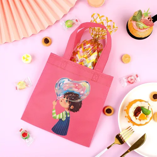 Miniatura 5 de Aneco Paquete de 30 bolsas reutilizables no tejidas para recuerdos de fiesta, 8 x 8 pulgadas, bolsas a granel con asas, bolsas de regalo de arcoíris