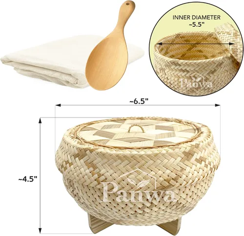 Miniatura 4 de Hecho a mano 100% bambú tailandés natural "Juego de vapor eléctrico para cocina", inserto de olla pequeña ~ 6.5 pulgadas, tapa tejida de mimbre a