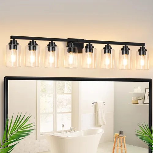 Miniatura 24 de Lámparas de baño de 3 luces, 19 pulgadas, modernas luces de tocador sobre espejo con pantallas de vidrio transparente, accesorio de luz marrón