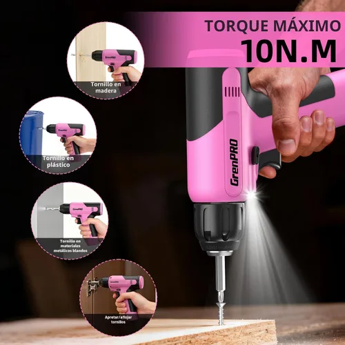 Miniatura 3 de GRENPRO Juego de herramientas rosa, juego de taladro, 188 piezas de kit de herramientas para el hogar con taladro inalámbrico rosa, kit