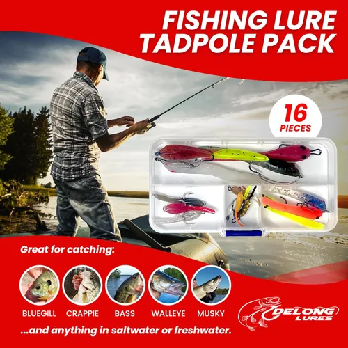 Miniatura 2 de DELONG LURES Paquete de 16 señuelos de pesca para renacuajo, señuelos preaparejados para lubina, crappie, branquia azul y aparejos de pesca