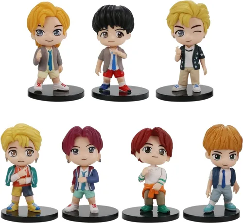 Juego de 7 piezas de adornos para pasteles de personajes BTS, figuras de acción, juguetes, mini figuras BTS, muñecos, suministros para fiestas de
