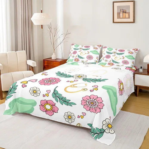 Miniatura 51 de Erosebridal Nurse Sheet Set Stethoscope Twin Sheets Set for Teen Boys,Colorful Medical Healthcare Heartbeat Syringe Fitted Sheet