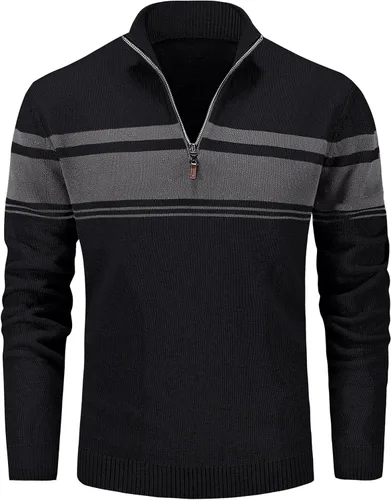 Miniatura 13 de MAGCOMSEN Suéteres de algodón con cremallera de 1/4 para hombre, suéter tipo polo, a rayas, para otoño e invierno, sudaderas cálidas