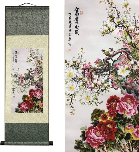 Miniatura 11 de AtfArt Decoración asiática de pared, hermosa pintura de pergamino de seda, 4 flores de hombre justo, orquídea ciruela, bambú, crisantemo, decoración