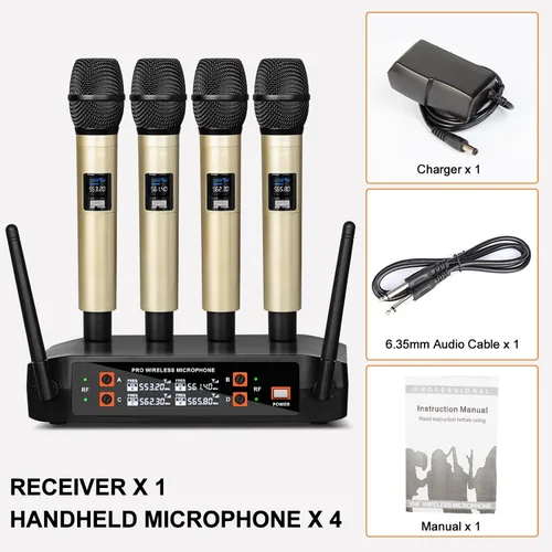 Miniatura 7 de Depusheng Micrófono inalámbrico DX4 con 4 micrófonos dinámicos UHF profesionales, sistema de micrófono de mano inalámbrico para karaoke, canto