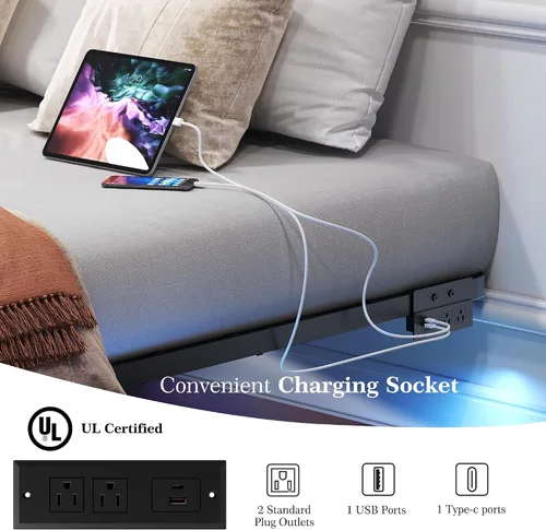 Miniatura 3 de Base de cama flotante con luces LED y estación de carga - Base de cama moderna de plataforma metálica con juntas de colchón - Libre de ruido,