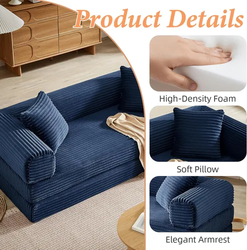 Miniatura 4 de 4-in-1 Convertible Folding Sleeper Sofa Bed, Fold Out Floor Sofa Couch with Fixed-Shape Frame, Cloud Corduroy Foldable Mattress Couch for Living