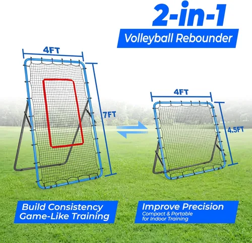 Miniatura 4 de Sistema de red de rebote de voleibol 2 en 1, ajustable de 7 x 4 pies a 4 x 4.5 pies, red de rebote de 4 ángulos, equipo de entrenamiento para Azul