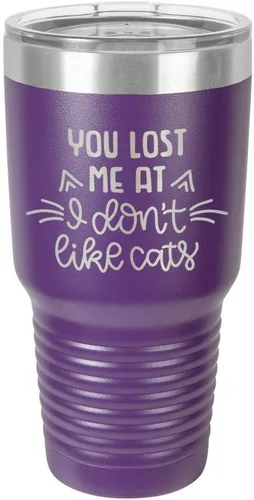 Miniatura 18 de Taza de viaje de acero inoxidable grabada con pajita y tapa superior deslizante, con texto en inglés "You LOST ME AT I DON'T LIKE CATS" Púrpura claro