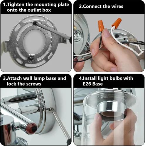 Miniatura 8 de Apliques de Pared de Baño de 2 Luces con Cristal Transparente, Luces de Pared de Baño Sobre Espejo, Luces de Tocador Cromadas con Base E26 Cromo