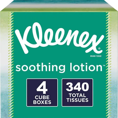 Kleenex Loción Calmante Tejidos con Aloe, Aceite de Coco y Vitamina E, 4 cajas de cubos, 1 Caja Cubo contiene 85 Tejidos. Total de 340 Tejidos.