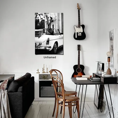 Miniatura 5 de Arte de pared de lujo a la moda, diseño retro de mujer haciendo parada de manos en el coche, para decoración de pared de habitación de niñas