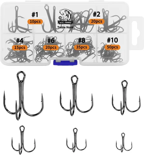 Miniatura 9 de UCEC Kit de Ganchos de Pesca, Ganchos Treble de Acero de Alto Carbono Fuertes y Agudos de Curva Redonda para Agua Salada y Agua Dulce, para Trucha