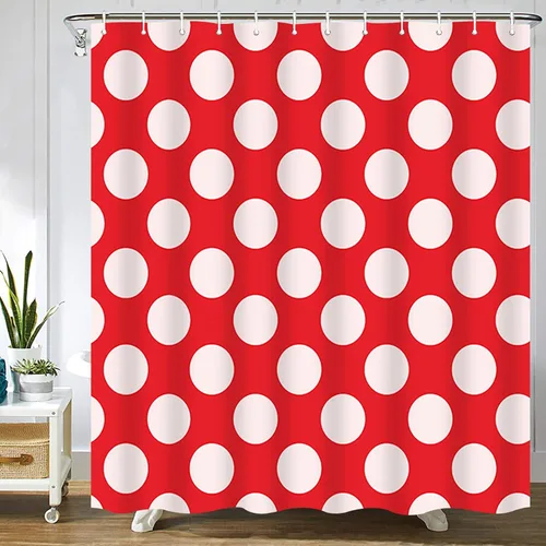Juego de cortinas de ducha con diseño de lunares, color rojo y blanco 22