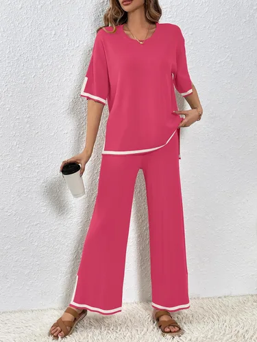 Miniatura 4 de SuperPrity Conjunto de suéter para mujer de 2 o 3 piezas, de manga cortalarga, suéter de punto, de cintura alta, pantalones de pierna ancha