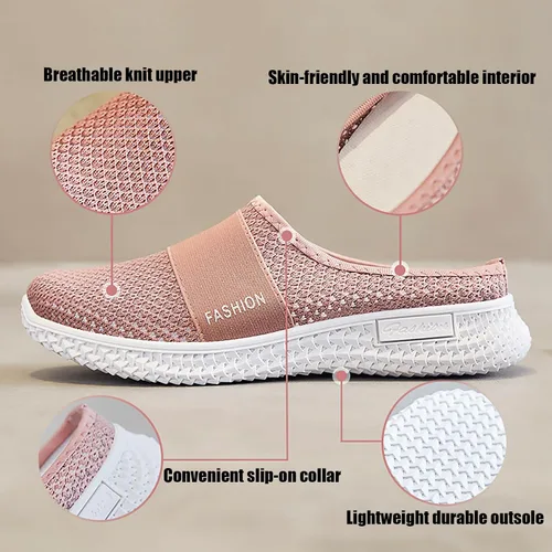 Miniatura 3 de Pantuflas planas de malla de punto para mujer, tela de malla transpirable sin espalda, antideslizantes, suela suave, cómodas, sin cordones