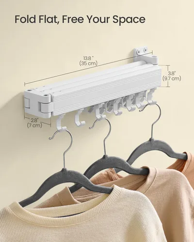 Miniatura 6 de SONGMICS Tendedero para Secar Ropa, Tendedero de Lavandería Montado en la Pared, Extensible, Brazos Plegables, con 21 Ganchos Deslizantes Blanco Nube