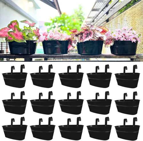 Miniatura 12 de LaLaGreen Maceta de Riel para Plantas de Exterior (11.2 Pulgadas, Paquete de 8) Macetas Colgantes de Hierro Metal Negro Barandillas de Terraza Cubos