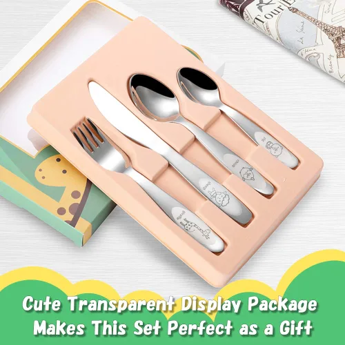 Miniatura 6 de Juego de cubiertos para niños pequeños de acero inoxidable 18/8, 4 piezas, tenedor, cuchara y cuchillo, cubiertos para niños a partir de 3 años