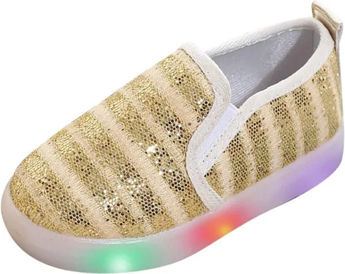 POLG Mocasines con lentejuelas iluminadas para niña, con luces LED, zapatos de lona casuales planos (bebéniño pequeño) (dorado, 5.5 años)