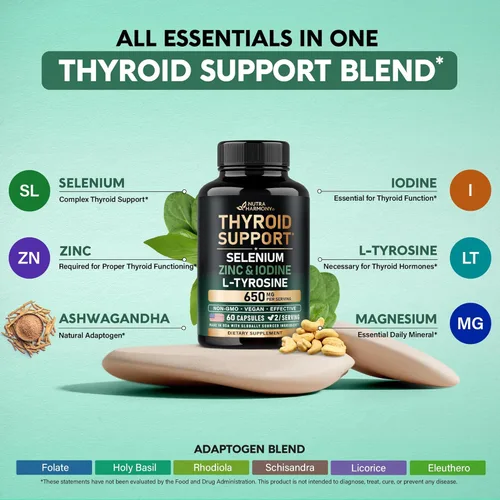 Miniatura 5 de Soporte tiroideo para mujeres, selenio 200 mcg, astrágalo, zinc y yodo, L-tirosina, hierbas adaptógenas, antioxidante y apoyo inmunológico 21 en 1