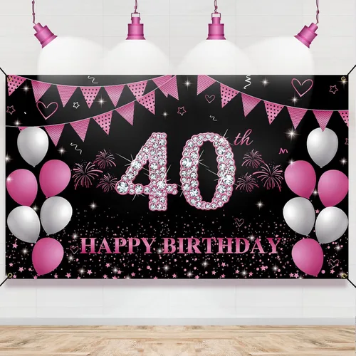 Cartel de fondo de 40 cumpleaños rosa intenso, decoraciones de feliz cumpleaños 40 para mujeres, fiesta de cumpleaños de 40 años, accesorios de