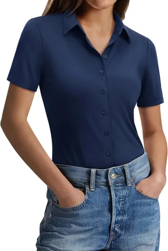 Miniatura 15 de Gleeivy Camisas con botones para mujer, ajustadas, de manga corta, elásticas, para el trabajo, sin arrugas, blusas de oficina
