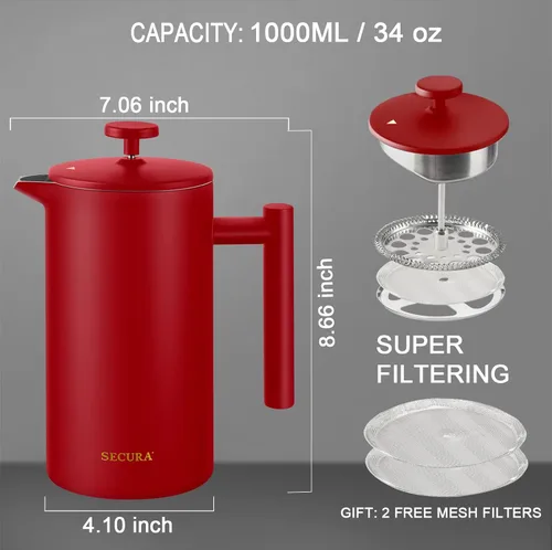 Miniatura 3 de Secura Cafetera de Prensa Francesa, Prensa de Café de Acero Inoxidable de Doble Pared Grado 304 con 2 Filtros Adicionales, 34oz (1L), Rojo