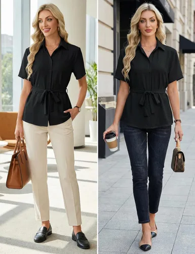 Miniatura 5 de Blooming Jelly Camisa con botones para mujer, cuello con lazo, manga corta, casual, para negocios, blusa de trabajo a la moda de verano