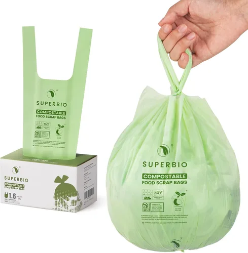 SUPERBIO Bolsas Compostables para Restos de Comida con Asa de Corbata de 1.6 Galones Para Contenedor de Compost de Encimera, Bolsas Pequeñas de 50