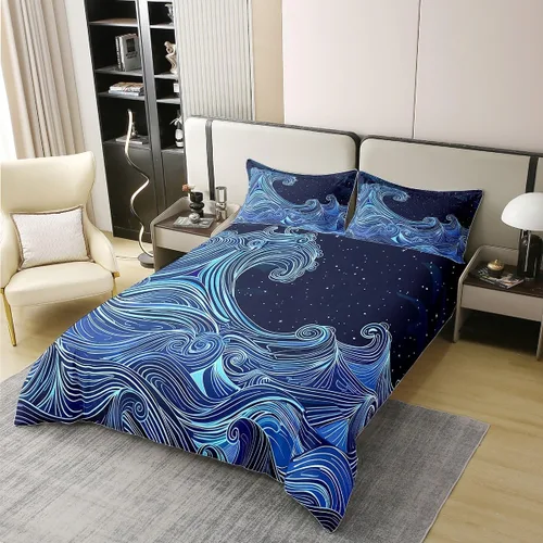 Miniatura 2 de jejeloiu Juego de funda de edredón de algodón con diseño de olas japonesas, funda de edredón 100% algodón tamaño individual para olas del mar, juego
