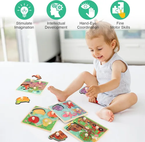 Miniatura 7 de Rompecabezas de madera con clavijas para niños de 1 a 3 años, juguete educativo de preescolar con clavijas para niños, juego de 4 rompecabezas