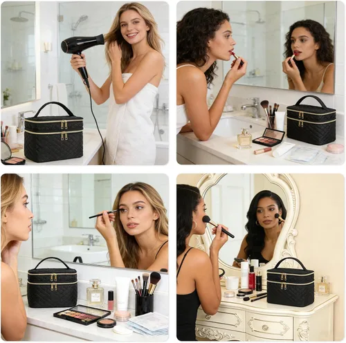 Miniatura 6 de Bolsa de maquillaje de viaje para mujer, estuche grande para cosméticos, resistente al agua, organizador para guardar artículos de tocador, A-Negro