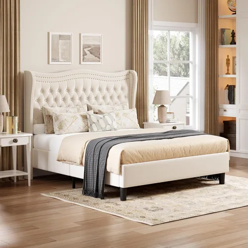 Miniatura 13 de Marco de Cama Queen con Cabecero y Piecero Altos, Marco de Cama Plataforma Tapizada en Terciopelo con Respaldo Acolchado con Botones Profundos Tipo
