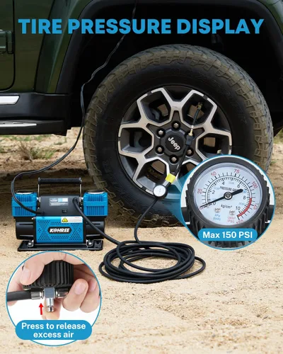 Miniatura 4 de Kohree Compresor de aire de doble cilindro de 12 V, inflador rápido de neumáticos de 12.35 pies³/min, bomba de neumáticos portátil resistente