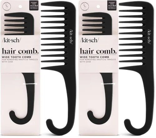 Miniatura 9 de Kitsch Peine de dientes anchos para rizos, herramienta desenredante de mango curvado para cabello rizado, húmedo y grueso, peine de ducha sin