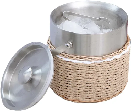 Miniatura 7 de Cubo de hielo tejido a mano de acero inoxidable de 2 litros con tapa y pinzas de hielo, cubo de enfriamiento aislado con diseño de cuerda de papel