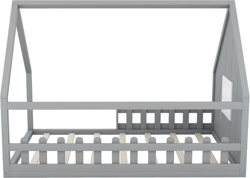 Miniatura 9 de MERITLINE Cama de casa para niños, cama Montessori tamaño matrimonial, marco de madera con rieles y ventana, no necesita somier, para niños, Gris
