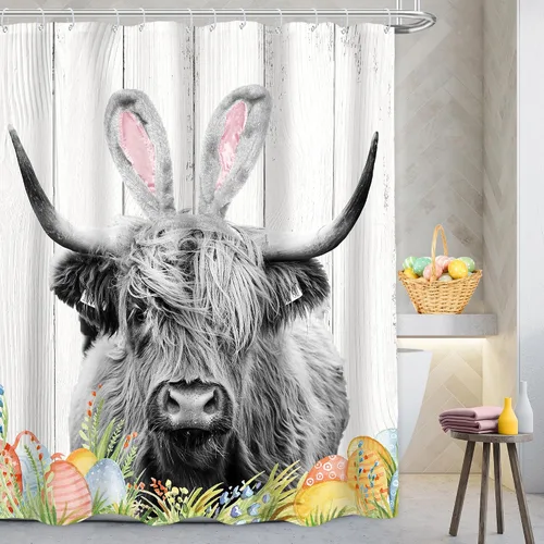 Miniatura 12 de AMBZEK - Cortina de ducha pequeña para establo con vaca de las tierras altas, 36 pulgadas de ancho x 72 pulgadas de largo, toro occidental, diseño