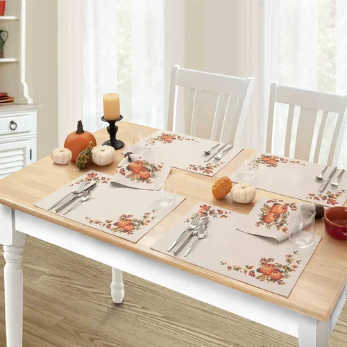 Miniatura 10 de Lintex Mantel de tela de cosecha de otoño de Thanksgiving Traditions, cuadrado de 52 x 52 pulgadas, parche de calabaza y borde de hojas de otoño