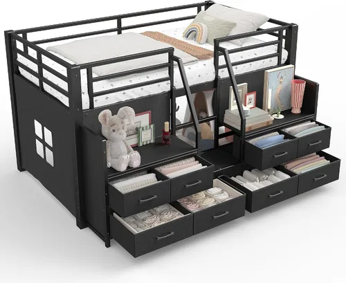 Miniatura 8 de Bellemave Twin Size Low Loft Bed with 8 Fabric Storage Drawers,Metal Loft Bed Frame with Shelves and LED Lights for Boys Girls,Kids Loft Bed Twin