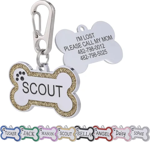 Miniatura 7 de Etiquetas de identificación de mascotas personalizadas de acero inoxidable con diseño de hueso brillante - Etiquetas de perro profundamente grabadas