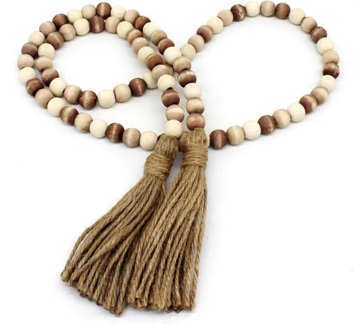 Miniatura 12 de CVHOMEDECO. Guirnalda de cuentas de madera con borlas, diseño rústico de granja, cadena de cuentas de oración para colgar en la pared, acento