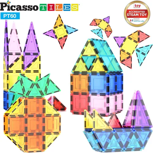 Miniatura 9 de PicassoTiles Paquete de 70 piezas de pista de carreras de canicas + 60 azulejos magnéticos, divertido y creativo, juguete sensorial educativo