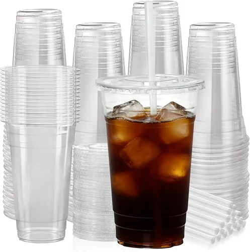 100 paquete de vasos de plástico transparente con tapas y sorbetes de 24 oz, libres de BPA y a prueba de fugas, vasos desechables compatibles con