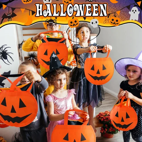Miniatura 5 de 24 bolsas de calabaza de Halloween de 11.8 x 9.8 pulgadas, no tejidas, bolsas de truco o trato, cara de calabaza, caramelos, bolsa de regalo