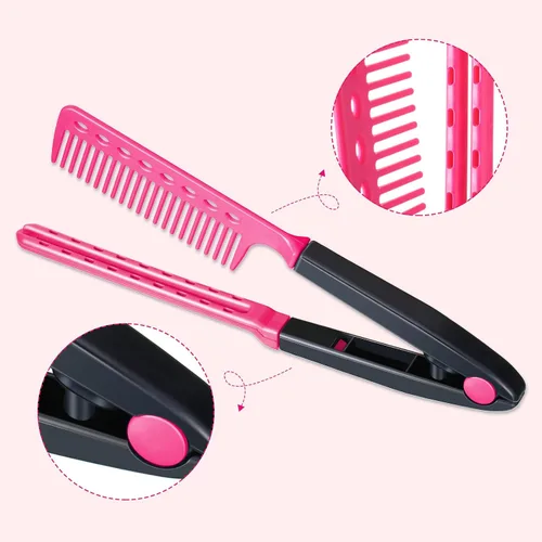 Miniatura 3 de Peine alisador plano de 2 piezas de cepillo de pelo de salón Peine de peluquería enderezadora en forma de V recta (rojo rosa, azul)